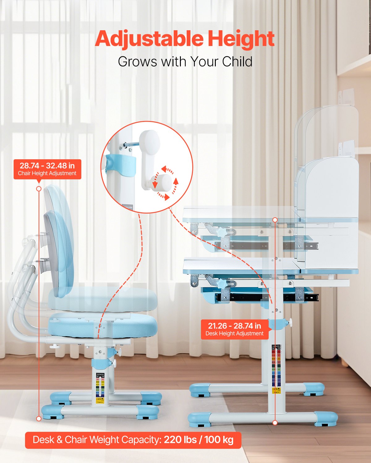 Barnstol och skrivbordsset, skrivbord och stol för barn med bokhylla och förvaringslåda, justerbar höjd och 0-40° lutande skrivbord och stol, studiebord för sovrum och studierum, blå