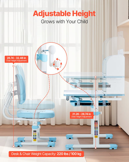 Barnstol och skrivbordsset, skrivbord och stol för barn med bokhylla och förvaringslåda, justerbar höjd och 0-40° lutande skrivbord och stol, studiebord för sovrum och studierum, blå