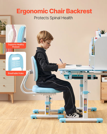 Barnstol och skrivbordsset, skrivbord och stol för barn med bokhylla och förvaringslåda, justerbar höjd och 0-40° lutande skrivbord och stol, studiebord för sovrum och studierum, blå