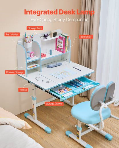 Barnstol och skrivbordsset, skrivbord och stol för barn med bokhylla och förvaringslåda, justerbar höjd och 0-40° lutande skrivbord och stol, studiebord för sovrum och studierum, blå