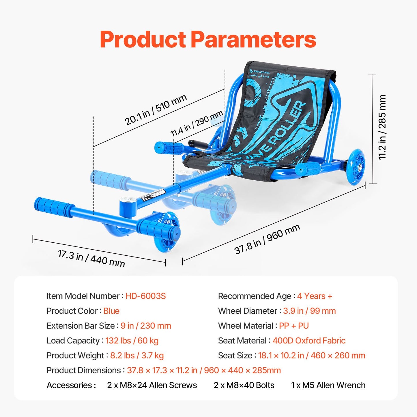 Åkskoter, lastkapacitet på 59 kg, svänger från sida till sida för en fantastisk åktur med sicksackrörelse, driftleksak för åldrarna 4+, åker på alla hårda ytor för inomhus- och utomhusbruk, blå