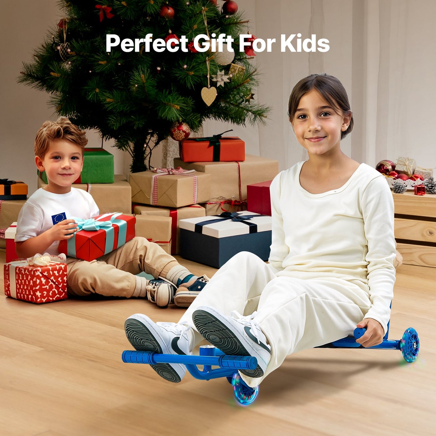 Åkskoter, lastkapacitet på 198 lbs, svänger från sida till sida för en fantastisk åktur med sicksackrörelse, åkleksak för åldrarna 10+, åker på alla hårda ytor för inomhus- och utomhusbruk, blå