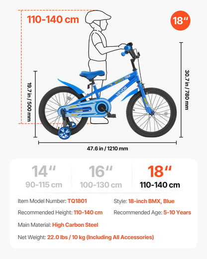 Kids Bike, 45.72 cm BMX Style Children Bicycle, Rider Height 110 cm - 140 cm, Training Wheels Included, Sturdy and Easy to Assemble, Toddler Bike for Boys & Girls Learning to Ride, Blue