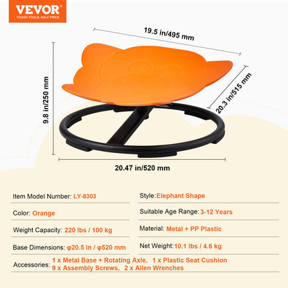 Elephant Kids Swivel Chair, 220 LBS Capacity, 360° Spinning Chair, Autistic Kids Sensory Toy Chair with Non-Slip Metal Base, Toddler Sit and Spin Chair for Coordination Balance Focus Orange