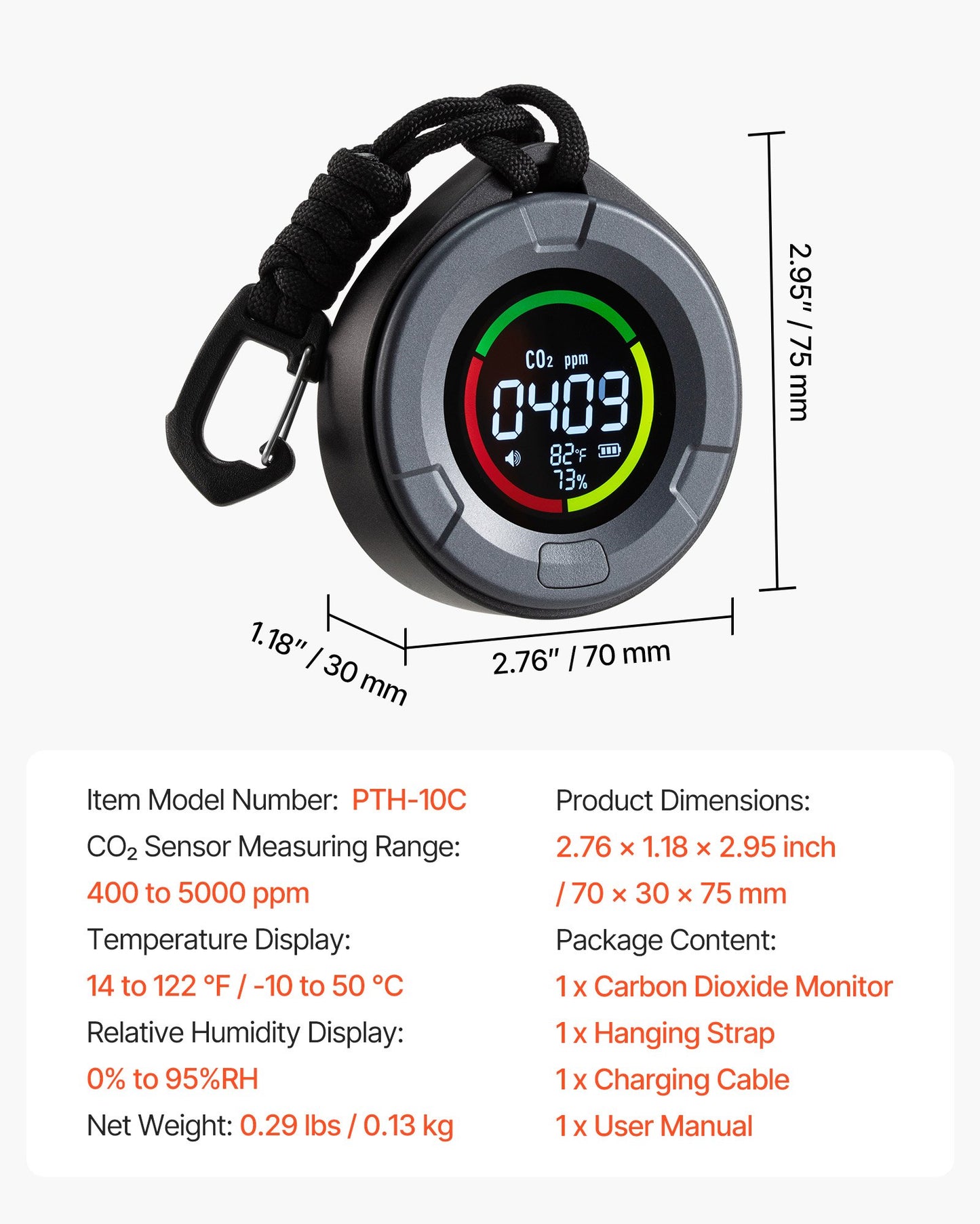 Carbon Dioxide Monitor, CO2 Controller with Temperature and Humidity Display, 4.57m NDIR Sensor Cable Carbon Dioxide Detector, CO2 Sensor for Outdoors, Home, Office, Car, Lightweight & Portable