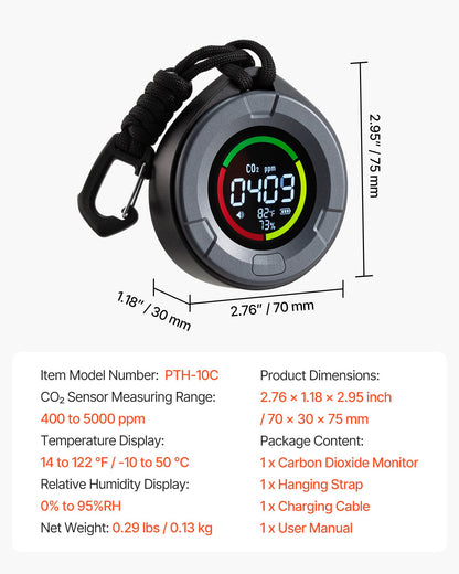 Carbon Dioxide Monitor, CO2 Controller with Temperature and Humidity Display, 4.57m NDIR Sensor Cable Carbon Dioxide Detector, CO2 Sensor for Outdoors, Home, Office, Car, Lightweight & Portable