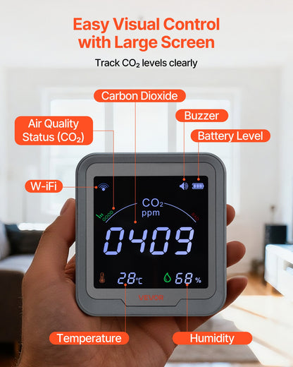 Carbon Dioxide Monitor, CO2 Controller with Temperature and Humidity Display, 4.57m NDIR Sensor Cable Carbon Dioxide Detector, CO2 Sensor for Outdoors, Home, Office, Car, Wall-Mounted Use