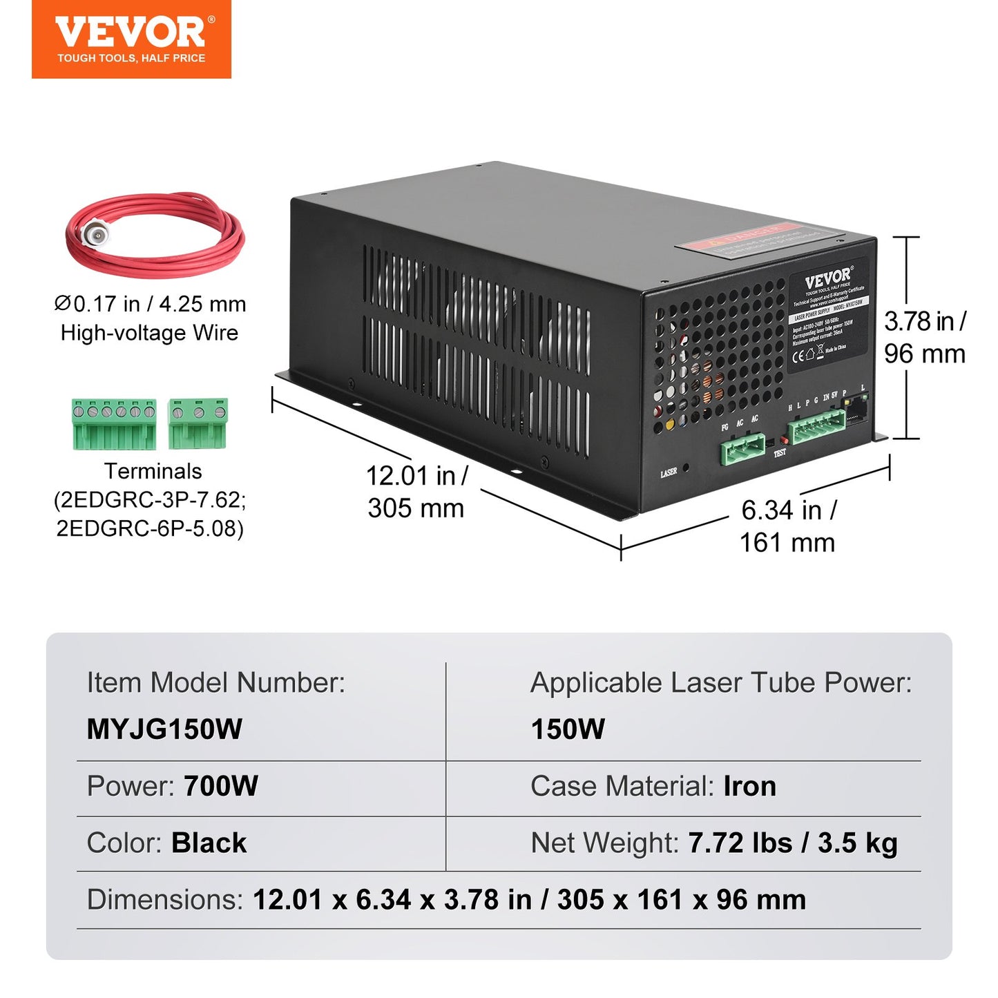CO2 Laser Power Supply, 150W, Power Supply for 150W Laser Tube, Constant Current Protection, Open Circuit Protection, Fast Heat Dissipation, Compatible for Multi-brand Laser Engravers & Cutters