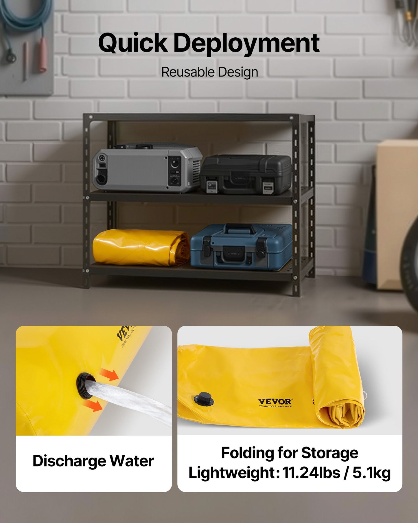 Översvämningsbarriär, 3,66 m längd x 51 cm höjd, alternativ till sandsäck, vattenbarriär för översvämningar med utmärkt vattentät effekt, återanvändbara PVC-vattenavledningsrör, översvämningsbarriärer för hem, dörr, garage