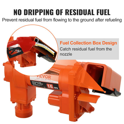 Fuel Transfer Pump, 12V DC 16 GPM 1/4 HP, Gasoline Extractor Pump with Automatic Nozzle, Discharge Hose & Suction Pipe for Gasoline, Diesel, Kerosene, Ethanol & Methanol Blends, and Biodiesel
