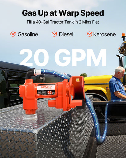 Fuel Transfer Pump, 12V DC 76 L/min(20 GPM) 186W(1/4 HP) Diesel Pump, Extractor Pumps with Manual Nozzle, Discharge Hose and Suction Pipe, for Gasoline, Diesel, Kerosene, Ethanol-Methanol Blends & Biodiesel