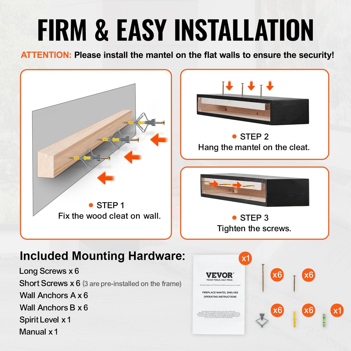 Fireplace Mantel, 48" x 8" x 5", 50 lbs Weight Capacity, Natural Wood Mantel for Over Fireplace, Wall Mounted Floating Farmhouse Shelf, Handcrafted Fireplace Mantel for Wall Decor, Espresso