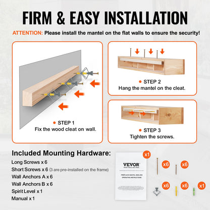 Fireplace Mantel, 60" x 8" x 6", 50 lbs Weight Capacity, Natural Wood Mantel for Over Fireplace, Wall Mounted Floating Farmhouse Shelf, Handcrafted Wood Mantel for Wall Decor, Rustic Natural