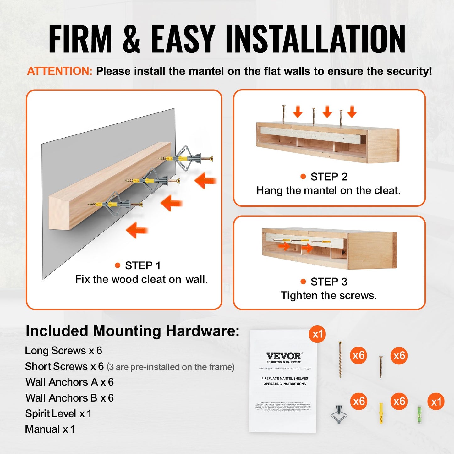 Fireplace Mantel, 72" x 8" x 5", 50 lbs Weight Capacity, Natural Wood Mantel for Over Fireplace, Wall Mounted Floating Farmhouse Shelf, Handcrafted Wood Mantel for Wall Decor, Rustic Natural