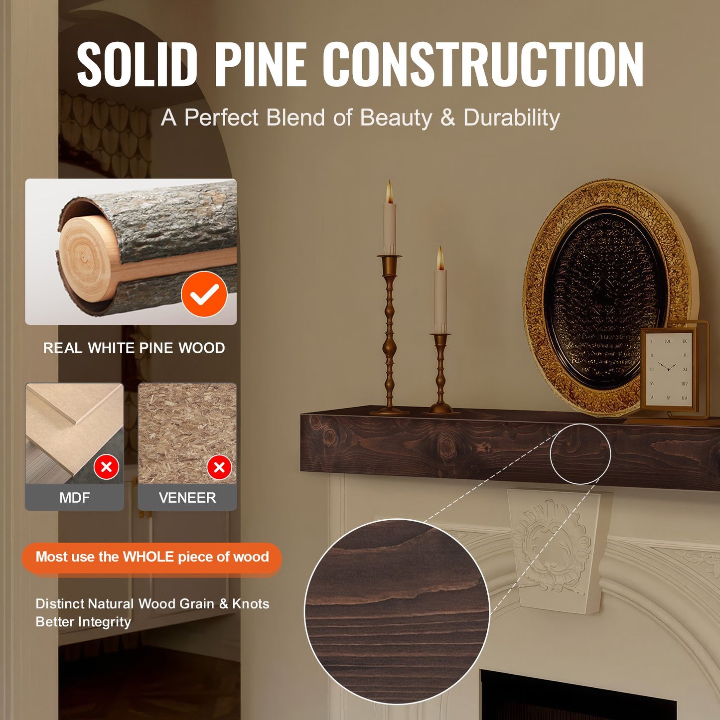 Spismantel, 190 x 20 x 13 cm, 22,5 kg viktkapacitet, mantel i naturträ för över spis, väggmonterad flytande lantlig hylla, handgjord spismantel för väggdekor, ljusbrun