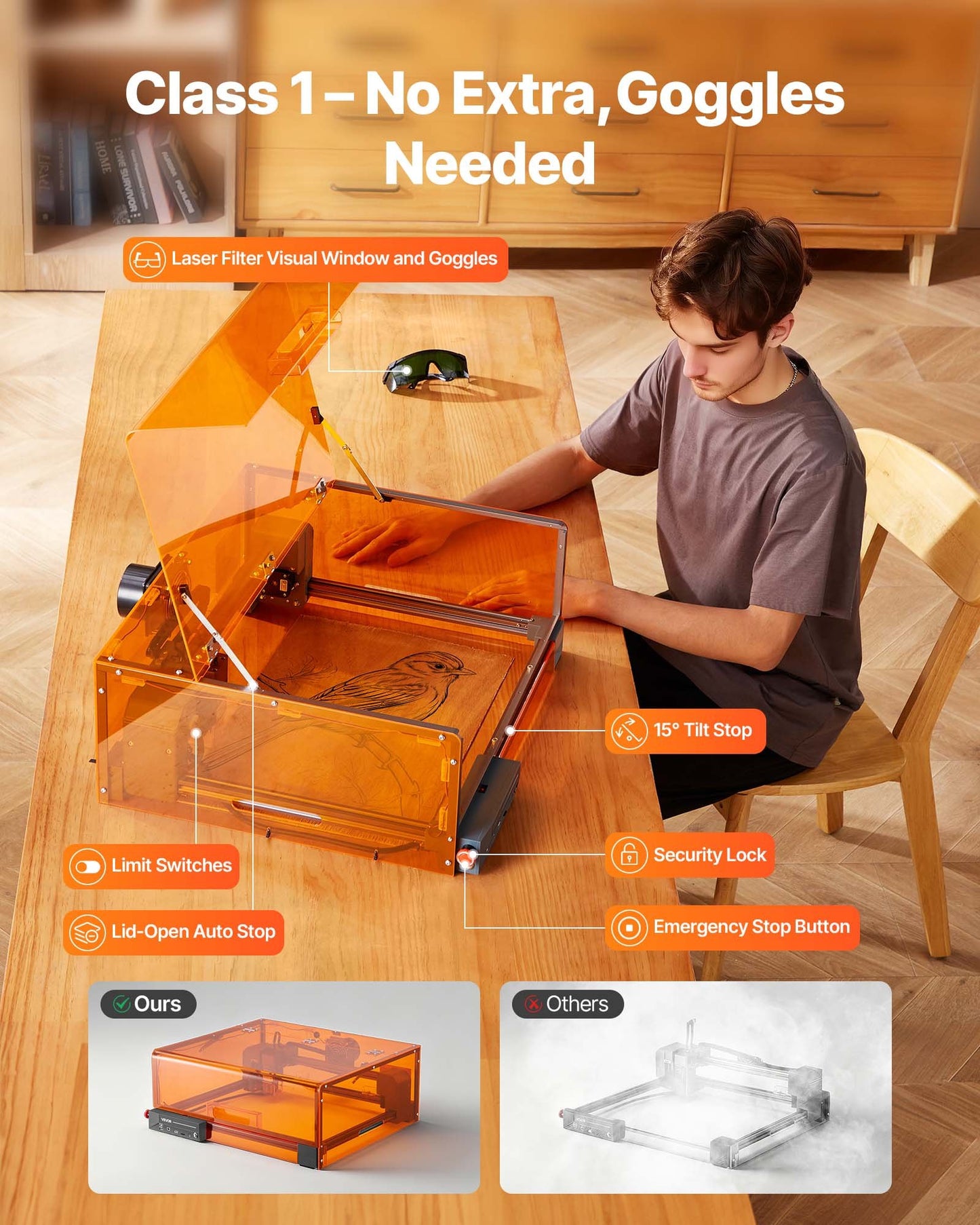 Lasergravör, 10W, lasergraverings- och skärmaskin med hölje, laserskärare och gravör, 300 x 300 mm arbetsyta, 7000 mm/min, för trä, läder, glas, vissa metaller, klass 1