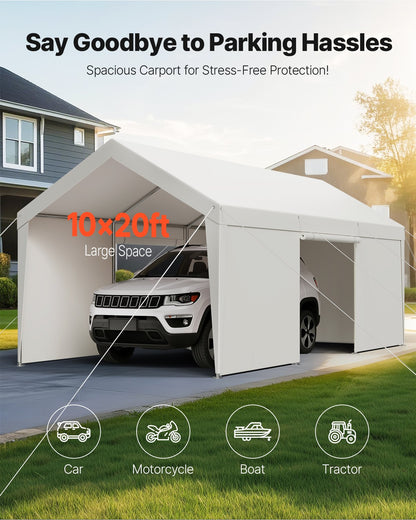 Carport, 10 x 20 FT Outdoor Car Canopy, Potable Carport with Removable Sidewalls & Door, Heavy Duty Car Shelter, UV-Resistant & Water-Resistant, All-Season Protection for Automobile Boat White