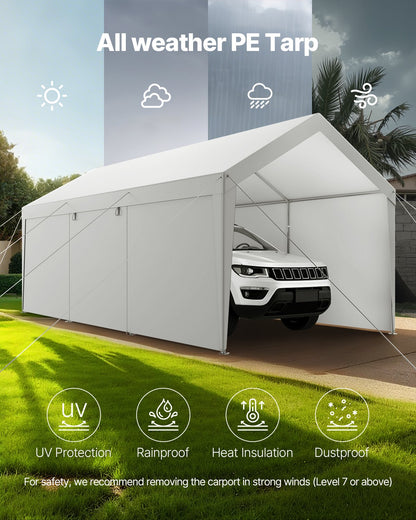 Carport, 10 x 20 FT Outdoor Car Canopy, Potable Carport with Removable Sidewalls & Door, Heavy Duty Car Shelter, UV-Resistant & Water-Resistant, All-Season Protection for Automobile Boat White