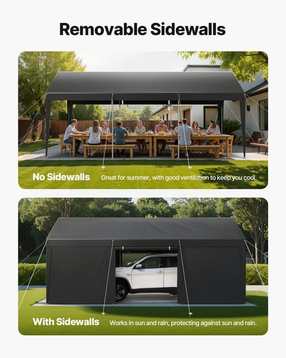 Carport, 12 x 20 fot utomhustak för bil, dricksskyddad carport med avtagbara sidoväggar och dörr, kraftigt bilskydd, UV-beständigt och vattentåligt, året runt-skydd för bil och båt, grå