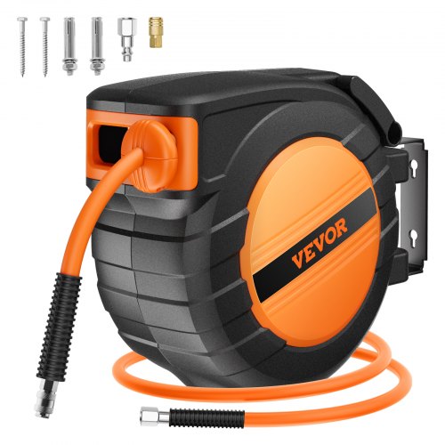 Retractable Air Hose Reel, 3/8IN x 50FT Hybrid Air Hose Max 300PSI, Air Compressor Hose Reel Auto-Rewind with 5FT Lead in, Ceiling/Wall Mount Enclosed PP Reel & Built-in 180° Swivel Bracket