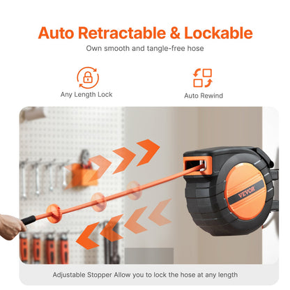 Retractable Air Hose Reel, 3/8IN x 50FT Hybrid Air Hose Max 300PSI, Air Compressor Hose Reel Auto-Rewind with 5FT Lead in, Ceiling/Wall Mount Enclosed PP Reel & Built-in 180° Swivel Bracket