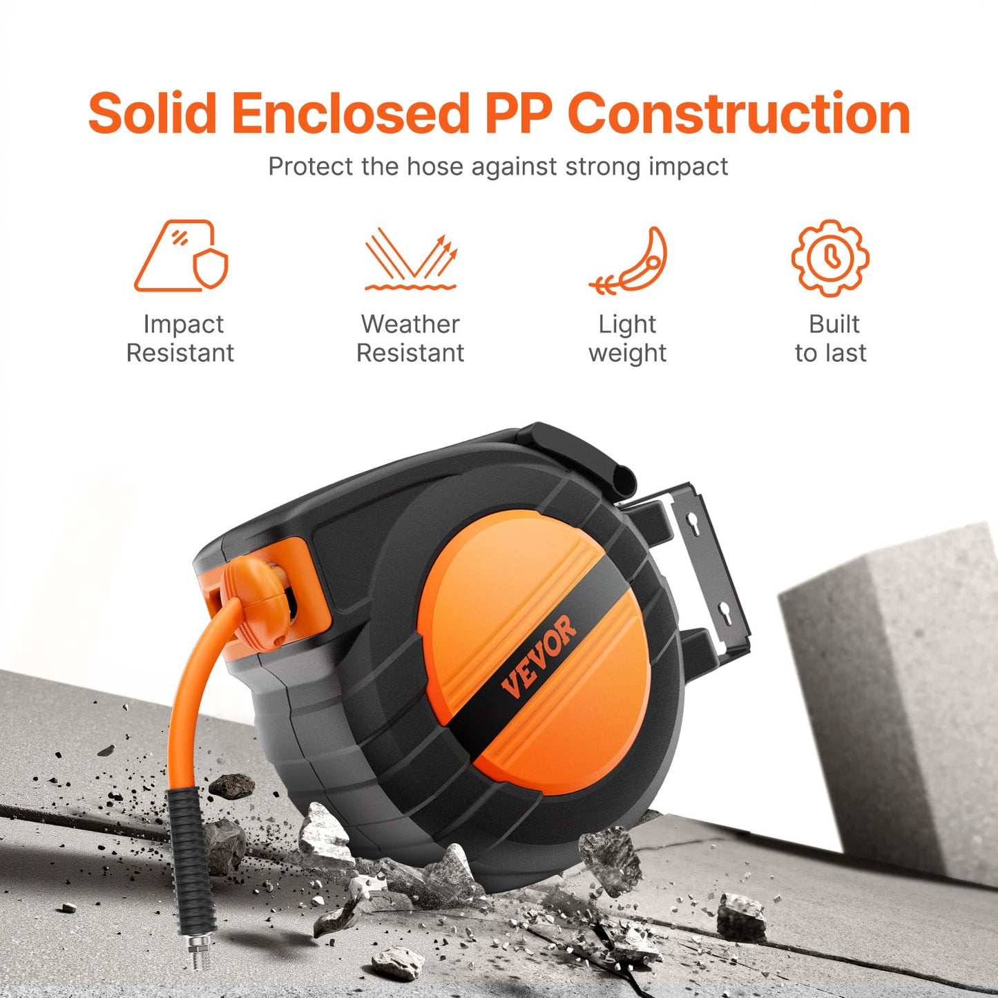 Retractable Air Hose Reel, 3/8IN x 50FT Hybrid Air Hose Max 300PSI, Air Compressor Hose Reel Auto-Rewind with 5FT Lead in, Ceiling/Wall Mount Enclosed PP Reel & Built-in 180° Swivel Bracket