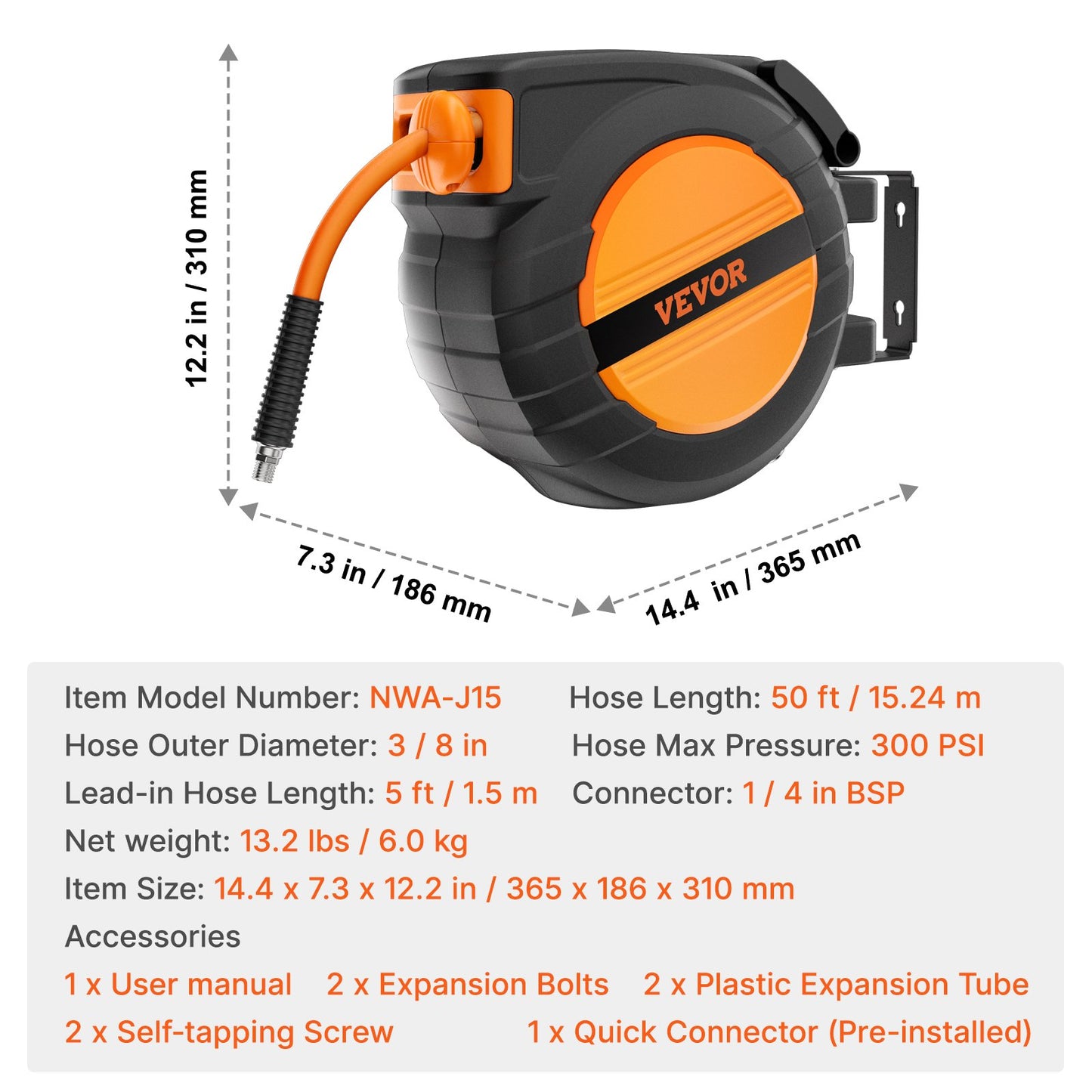 Retractable Air Hose Reel, 3/8IN x 50FT Hybrid Air Hose Max 300PSI, Air Compressor Hose Reel Auto-Rewind with 5FT Lead in, Ceiling/Wall Mount Enclosed PP Reel & Built-in 180° Swivel Bracket