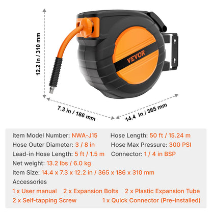 Retractable Air Hose Reel, 3/8IN x 50FT Hybrid Air Hose Max 300PSI, Air Compressor Hose Reel Auto-Rewind with 5FT Lead in, Ceiling/Wall Mount Enclosed PP Reel & Built-in 180° Swivel Bracket