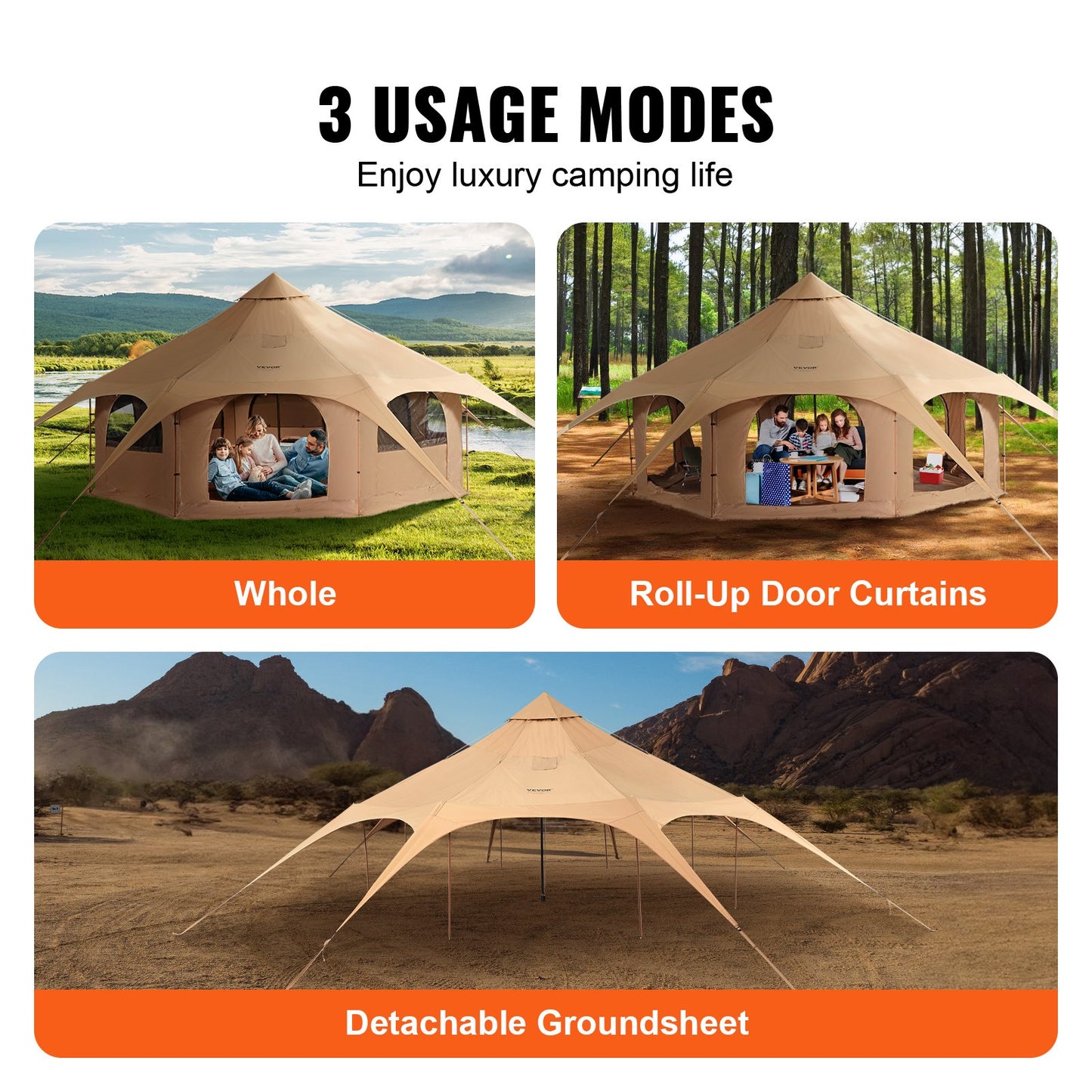 Canvas Tent, 4 Seasons 5 m/16.4 ft Bell Tent, Canvas Tent for Camping with Stove Jack, Breathable Yurt Tent for up to 8 People, Family Camping Outdoor Hunting Party
