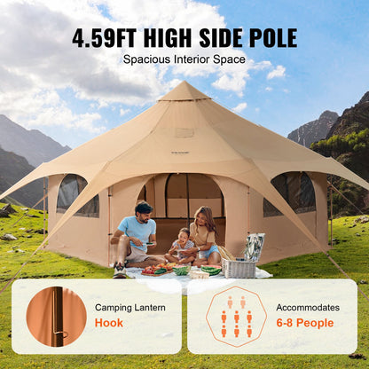 Canvas Tent, 4 Seasons 5 m/16.4 ft Bell Tent, Canvas Tent for Camping with Stove Jack, Breathable Yurt Tent for up to 8 People, Family Camping Outdoor Hunting Party