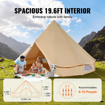 Canvas Bell Tent, 4 Seasons 6 m/19.68 ft Yurt Tent, Canvas Tent for Camping with Stove Jack, Breathable Tent Holds up to 10 People, Family Camping Outdoor Hunting Party