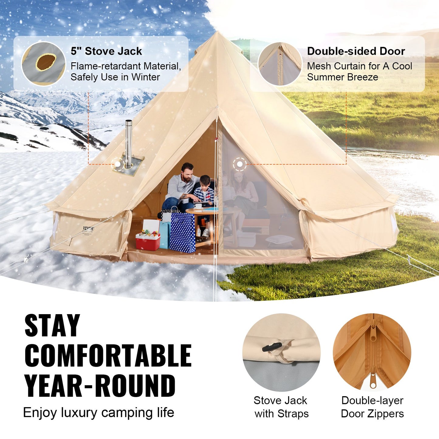 Canvas Bell Tent, 4 Seasons 7 m/22.97 ft Yurt Tent, Canvas Tent for Camping with Stove Jack, Breathable Tent Holds up to 12 People, Family Camping Outdoor Hunting Party