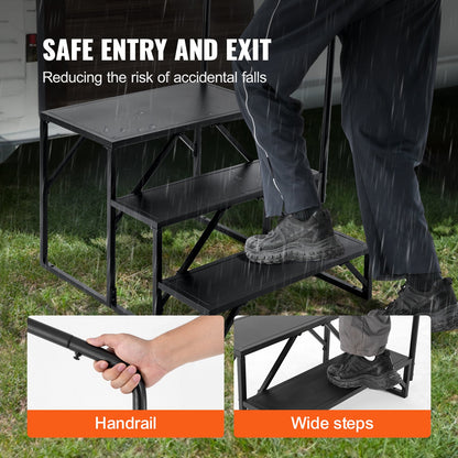 Husbilstrappa, 3-stegstrappa för husbilar, 199,6 kg lastkapacitet, förtjockat kolstål, med ledstång, halkfria steg för säker i- och urstigning, passar för husbil, släpvagn, husbilstrappa