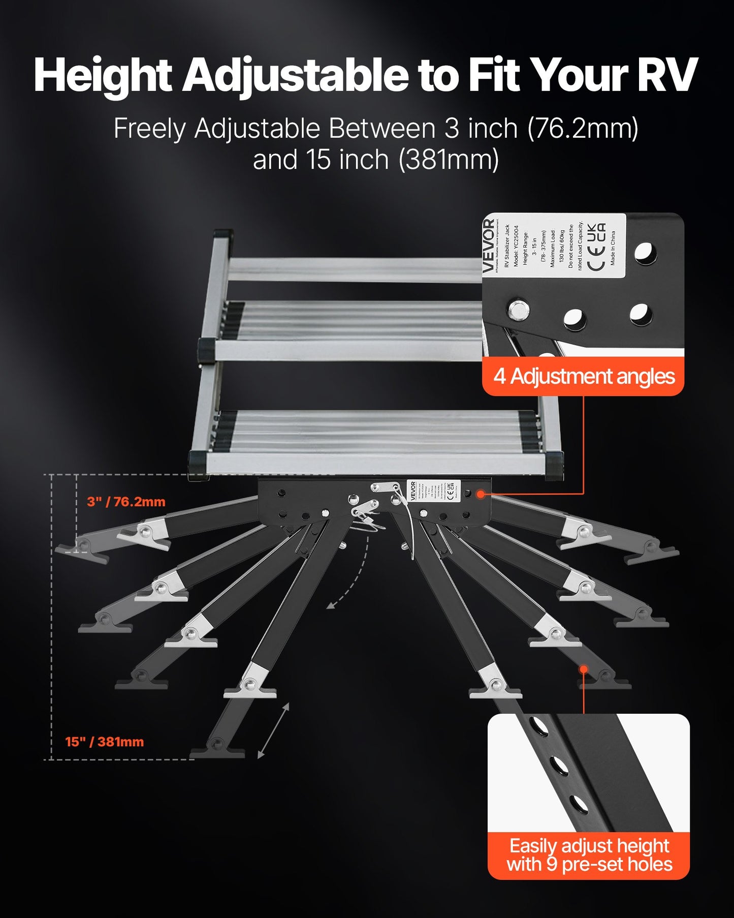 RV Step Stabilizer, Height Adjustable Step Stabilizer Kit, Camper Stair Stabilizers with Powder Coated Steel for 5th Wheels, Travel Trailers and Motorhomes, Adjustable from 76.2mm to 381mm
