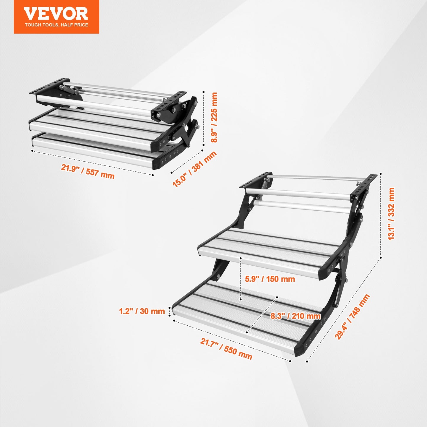RV Steps, 2-Step, Manual Retractable RV Stairs, Foldable, 440 LBS Load Capacity, Aluminum Alloy Steps, Thickened Steel Plate, Non-Slip Steps for Safe Entry and Exit, RV, Trailer, Camper Steps