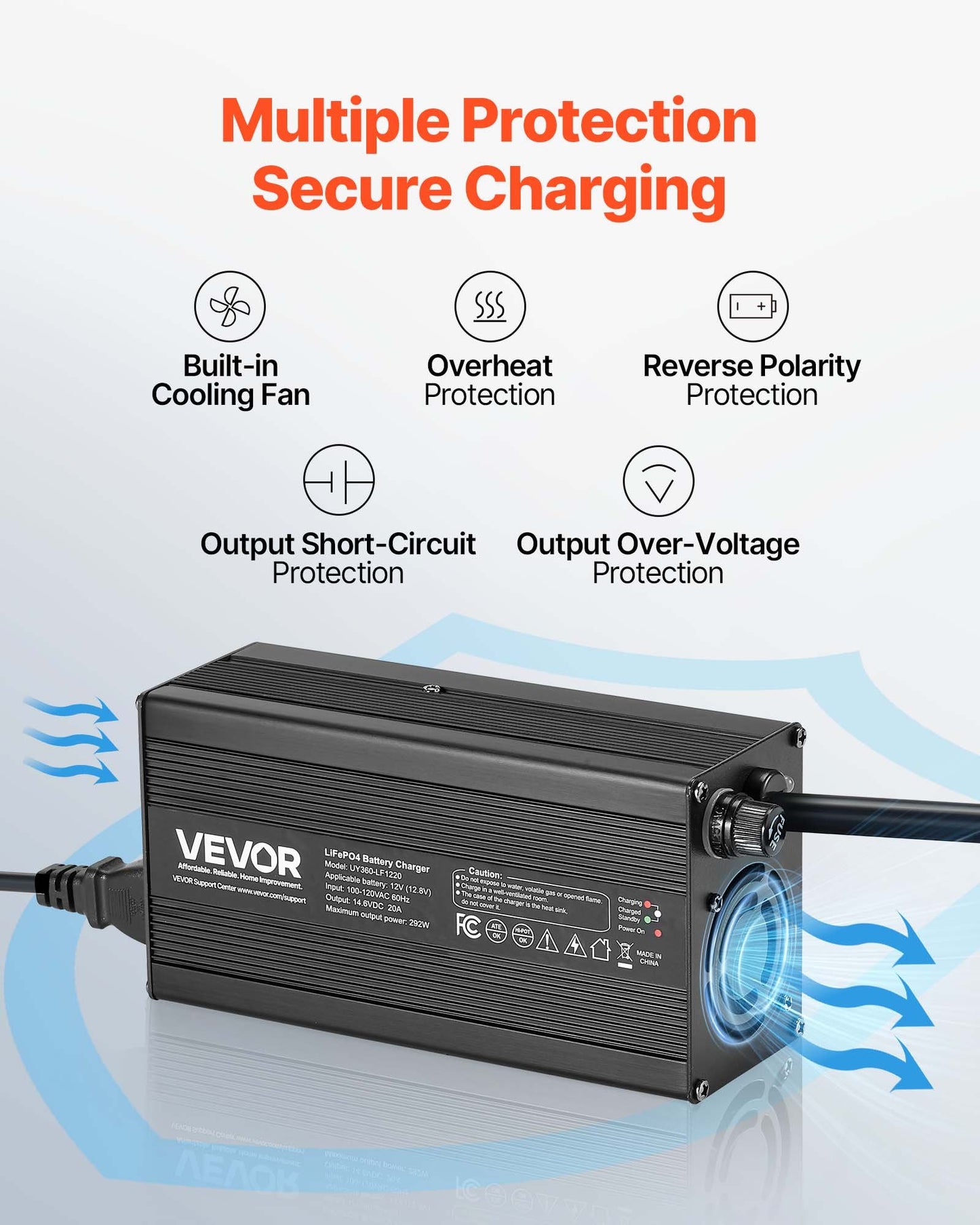 12V 20A litiumbatteriladdare, 14.6V, AC-DC LiFePO4 smart laddare, med Anderson-kontakt, LED-indikator, 0V-aktivering, för litium-LiFePO4-djupcykelladdningsbara batterier för båt, husbil