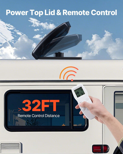 Husbilsfläkt, 14-tums takfläkt för husbil 12V, kraftfull 10-växlad reversibel fläkt med fjärrkontroll, inbyggt regnskydd, elektriskt lock, 12-tums fläktblad, passar 14 x 14-tums taköppningar