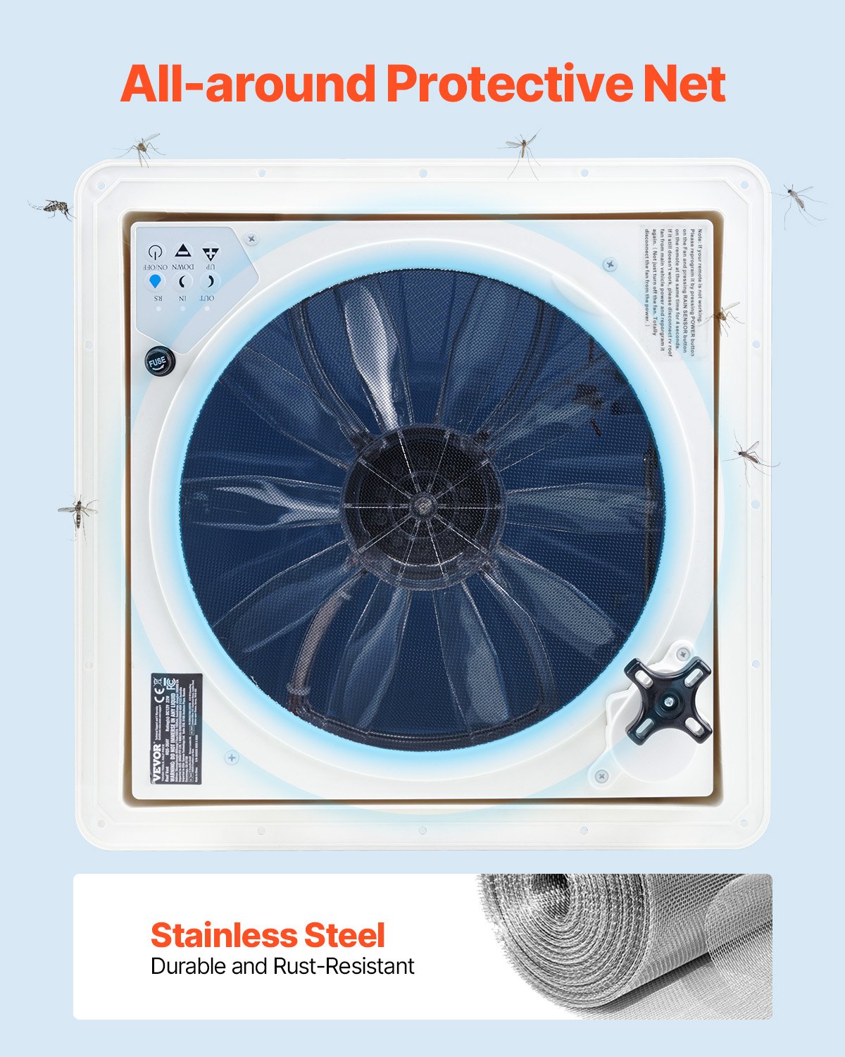 Husbilsfläkt, 14-tums takfläkt för husbil 12V, kraftfull 10-växlad reversibel fläkt med fjärrkontroll, inbyggt regnskydd, elektriskt lock, 12-tums fläktblad, passar 14 x 14-tums taköppningar