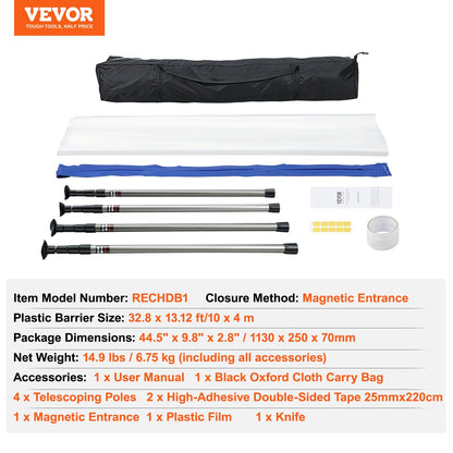 Dust Barrier Poles, 304.8 cm Barrier Poles, Dust Barrier System with 4 Telescoping Poles, Magnetic Zipper, Carry Bag and 999.7x399.9 cm Plastic Film, for Interior Decoration, Painting