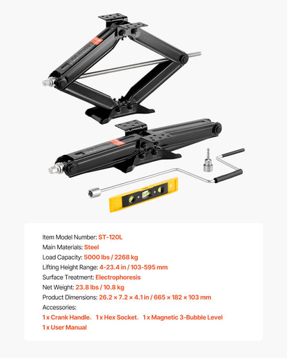 5000 lbs saxdomkrafter för husbilar, 4-23,4 tum saxdomkrafter för husbilsstabilisator, set om 2, kraftig stabilisatordomkraft med vev, hylsa och vattenpass, böjs eller deformeras inte lätt