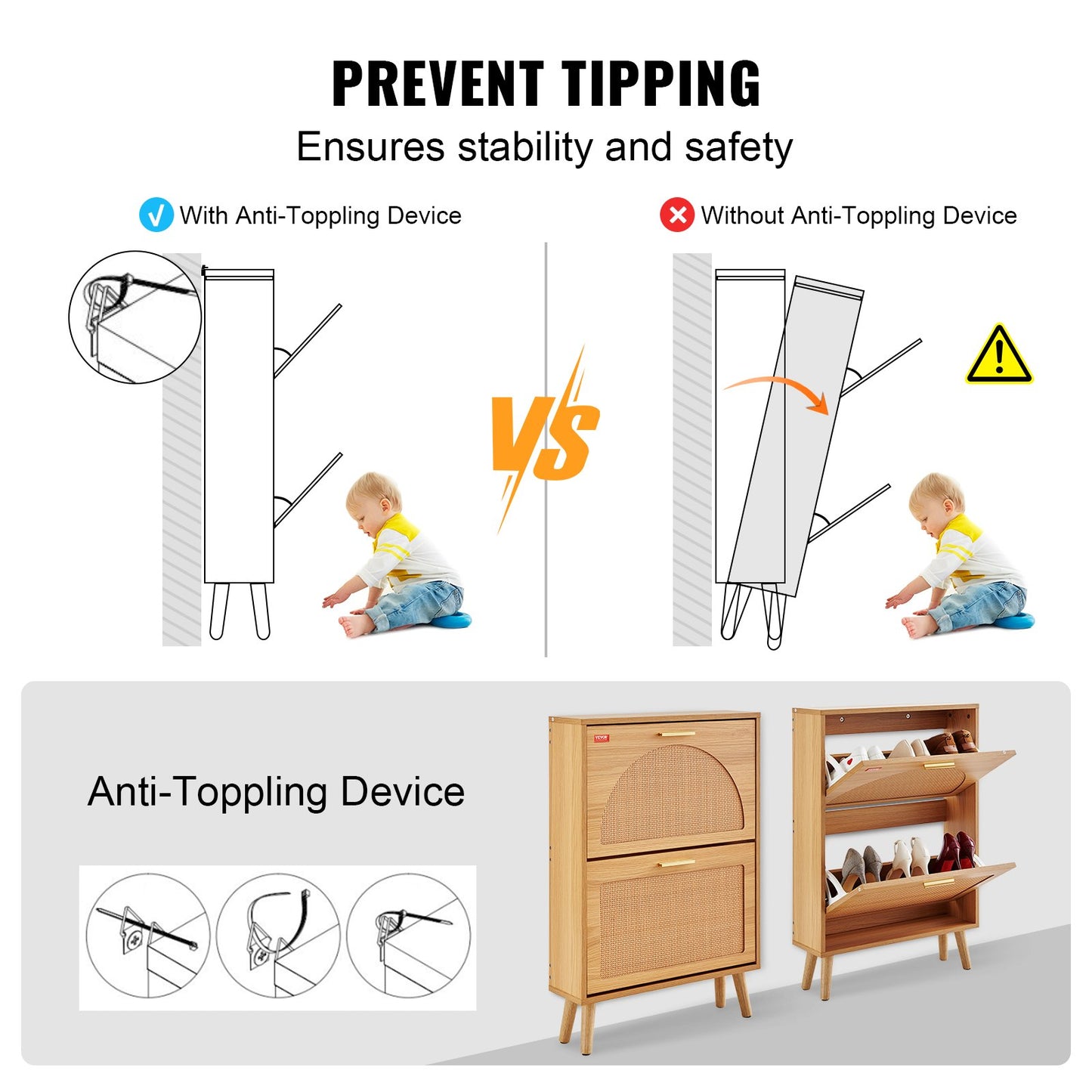 Skoskåp med 2 fällbara lådor, skoförvaringsskåp för entré, fristående skoförvaringsorganisatör med rottingdörrar för klackskor, stövlar, tofflor i hallen, vardagsrum