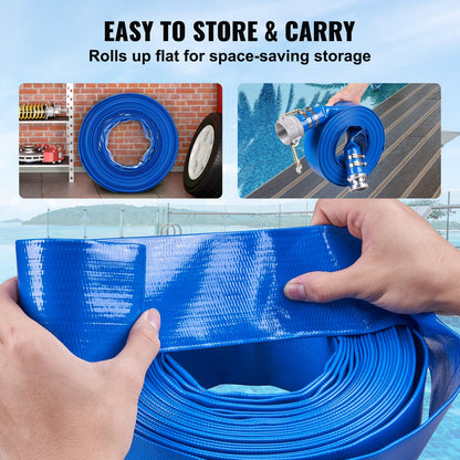 Backwash Hose, 2 in x 50 ft, Heavy-Duty PVC Flat Pool Discharge Hose with Aluminum Camlock C & E Fittings, Clamps, Compatible with Pumps, Sand Filters, for Swimming Pools Waste Water Drain, Blue