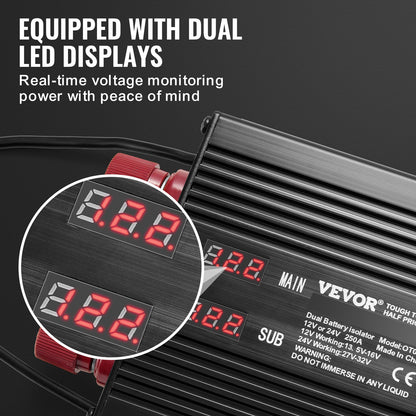 250 AMP Dubbelbatteri Smart Isolator, 12V/24V, Universell VSR Spänningskänslig Relä Batteriisolator Intelligent med LCD-skärm, För Bil Lastbil ATV Husbil Batteristartkontroll Strömbrytare