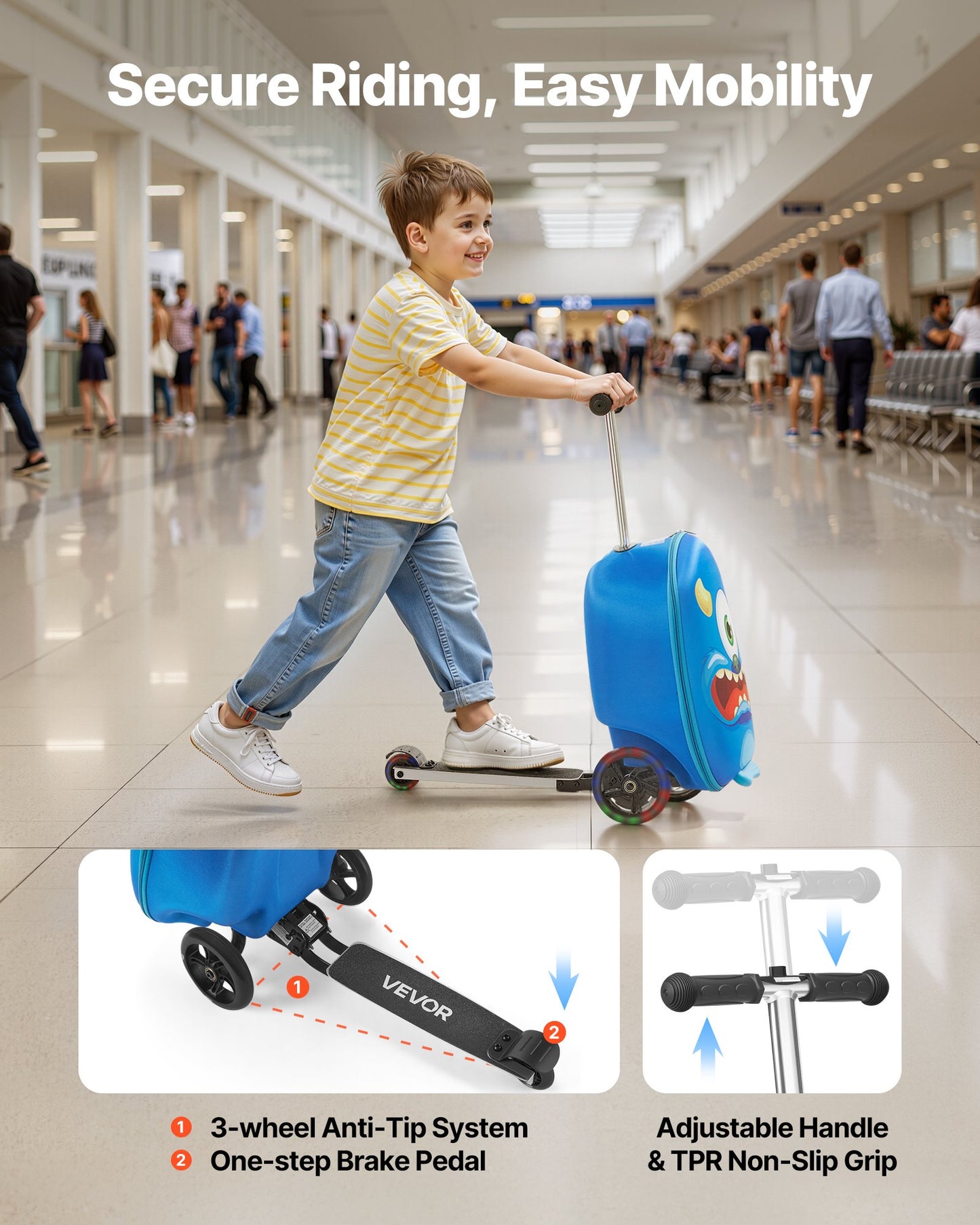 Ride-on Luggage, 20 L Capacity, 20 Inches Kids Scooter Suitcase with Flash PU Wheels, Adjustable Handle & TPR Non-Slip Grip, Foldable & Lightweight Scooter Luggage for Kids Aged 5+, Blue
