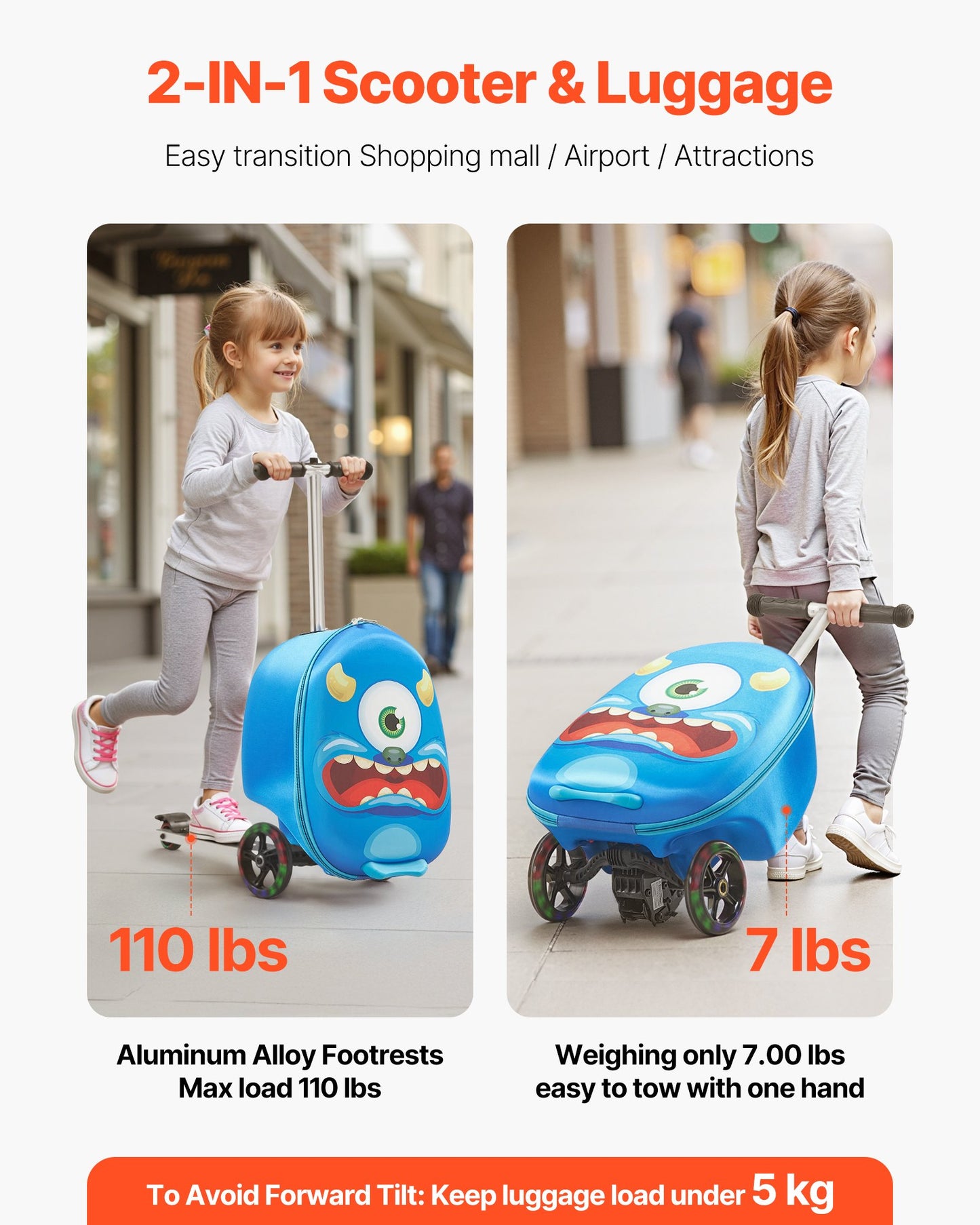Ride-on Luggage, 20 L Capacity, 20 Inches Kids Scooter Suitcase with Flash PU Wheels, Adjustable Handle & TPR Non-Slip Grip, Foldable & Lightweight Scooter Luggage for Kids Aged 5+, Blue