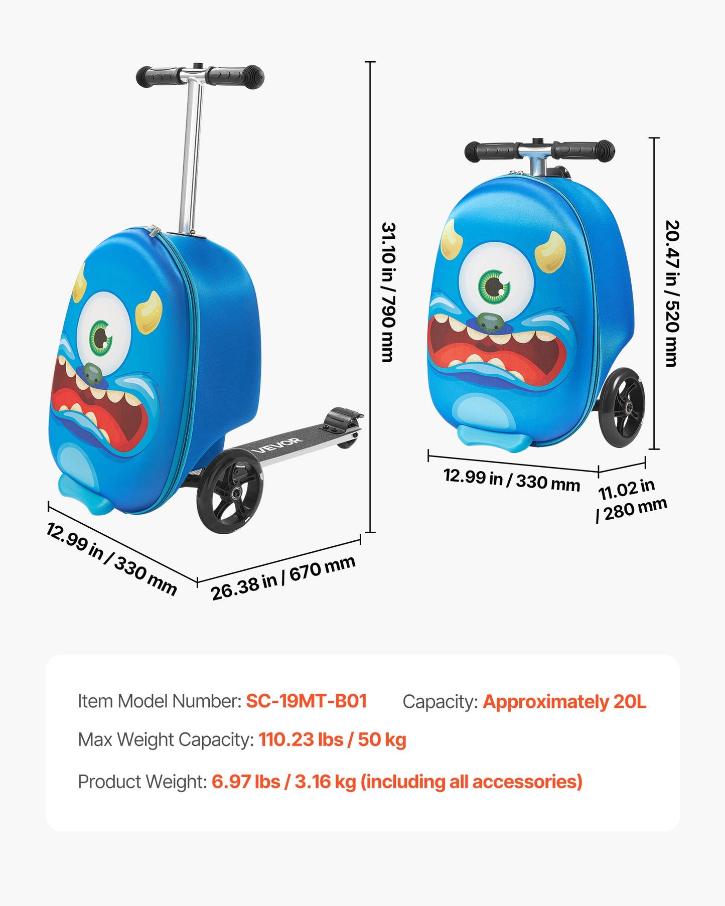Ride-on Luggage, 20 L Capacity, 20 Inches Kids Scooter Suitcase with Flash PU Wheels, Adjustable Handle & TPR Non-Slip Grip, Foldable & Lightweight Scooter Luggage for Kids Aged 5+, Blue