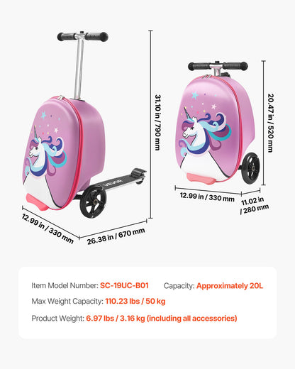 Ride-on Luggage, 20 L Capacity, 20 Inches Kids Scooter Suitcase with Flash PU Wheels, Adjustable Handle & TPR Non-Slip Grip, Foldable & Lightweight Scooter Luggage for Kids Aged 5+, Purple