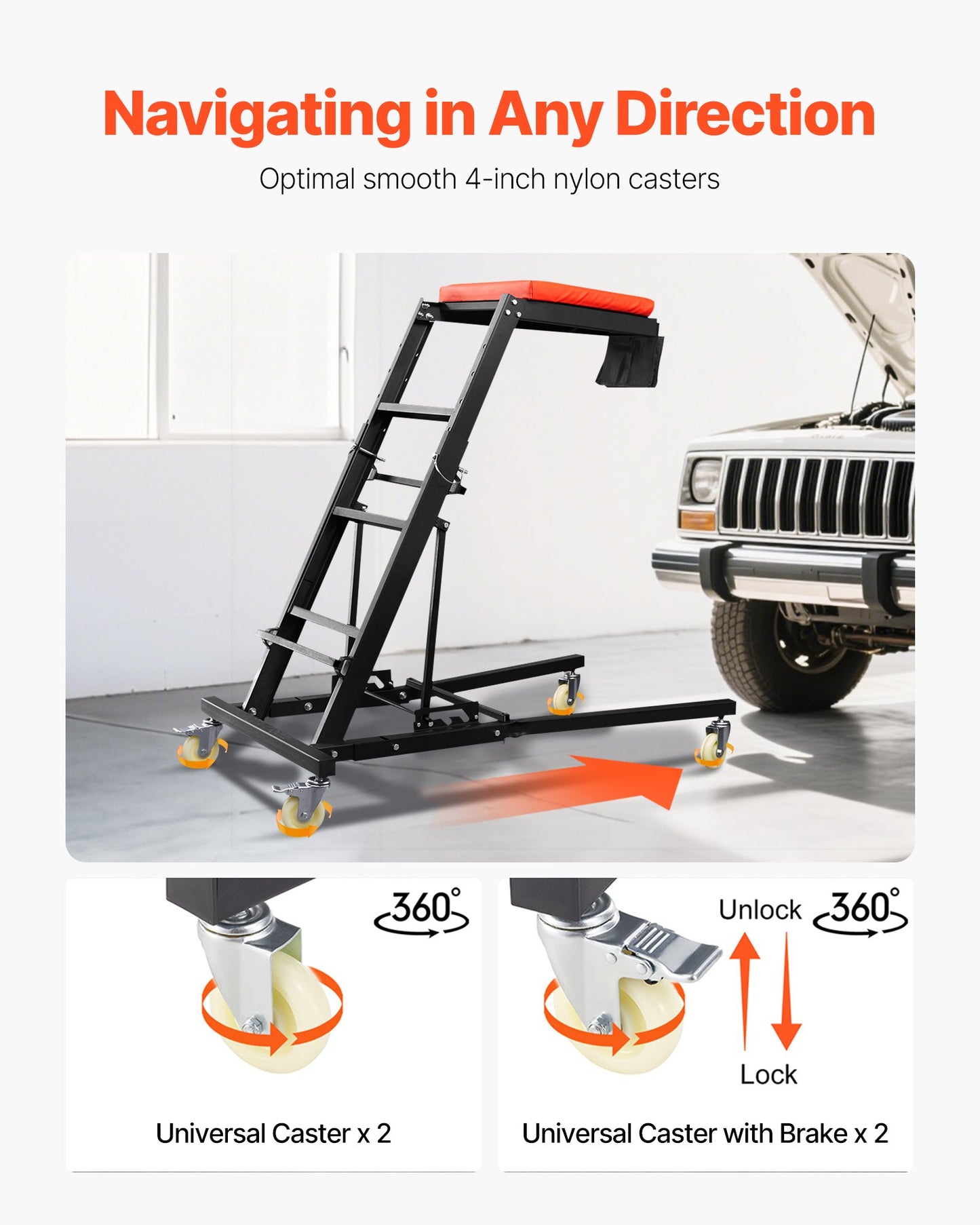 Automotive Topside Creeper, with Adjustable Height 1219-1930 mm, 400 LBS Capacity High Creeper, 4 Swivel Caster Wheels, Heavy Duty Creeper for Auto Repair and Maintenance