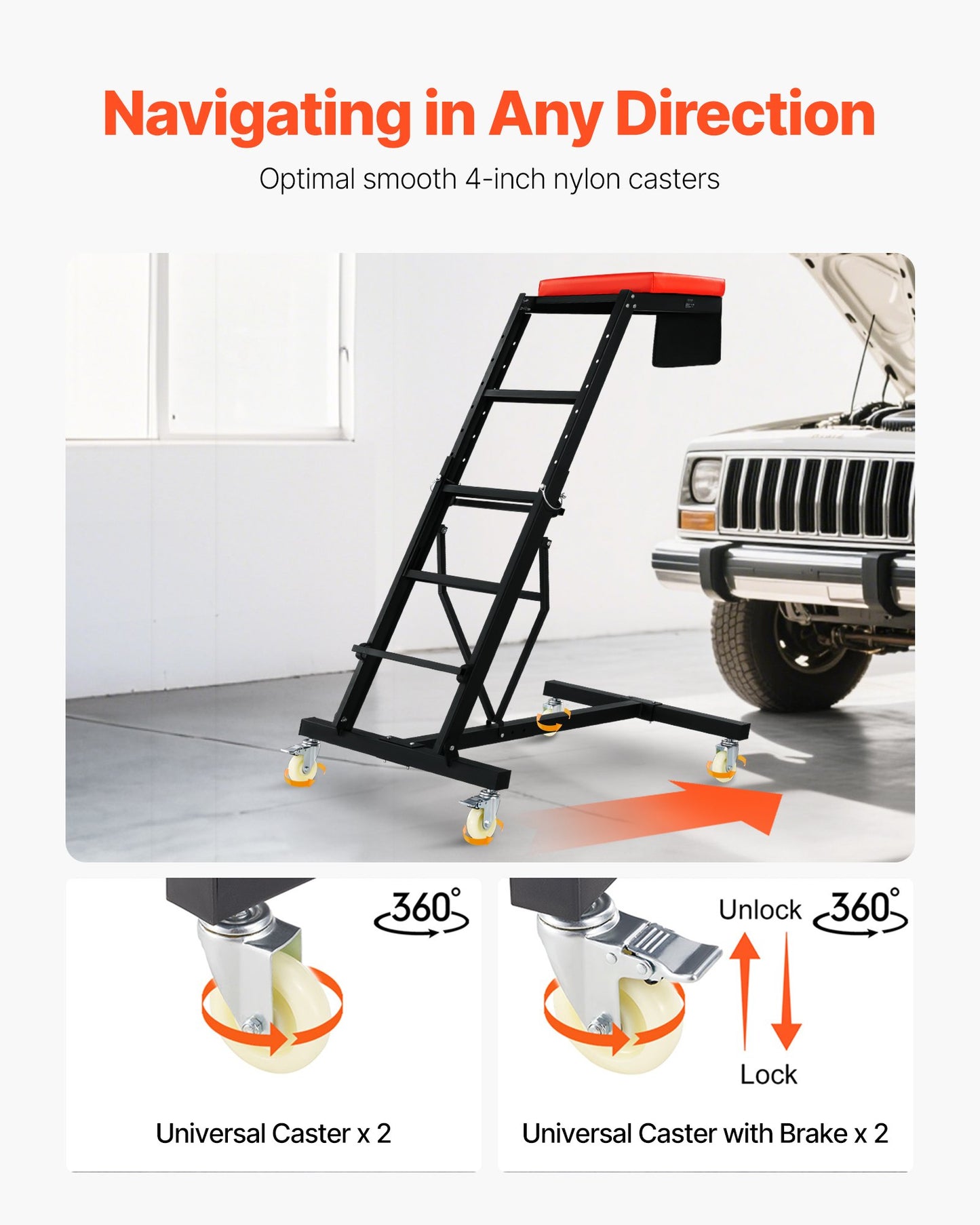 Automotive Creeper, with Adjustable Height 49.6" to 75.6", 400 LBS Capacity High Creeper, 4 Swivel Caster Wheels, Heavy Duty Creeper for Auto Repair and Maintenance