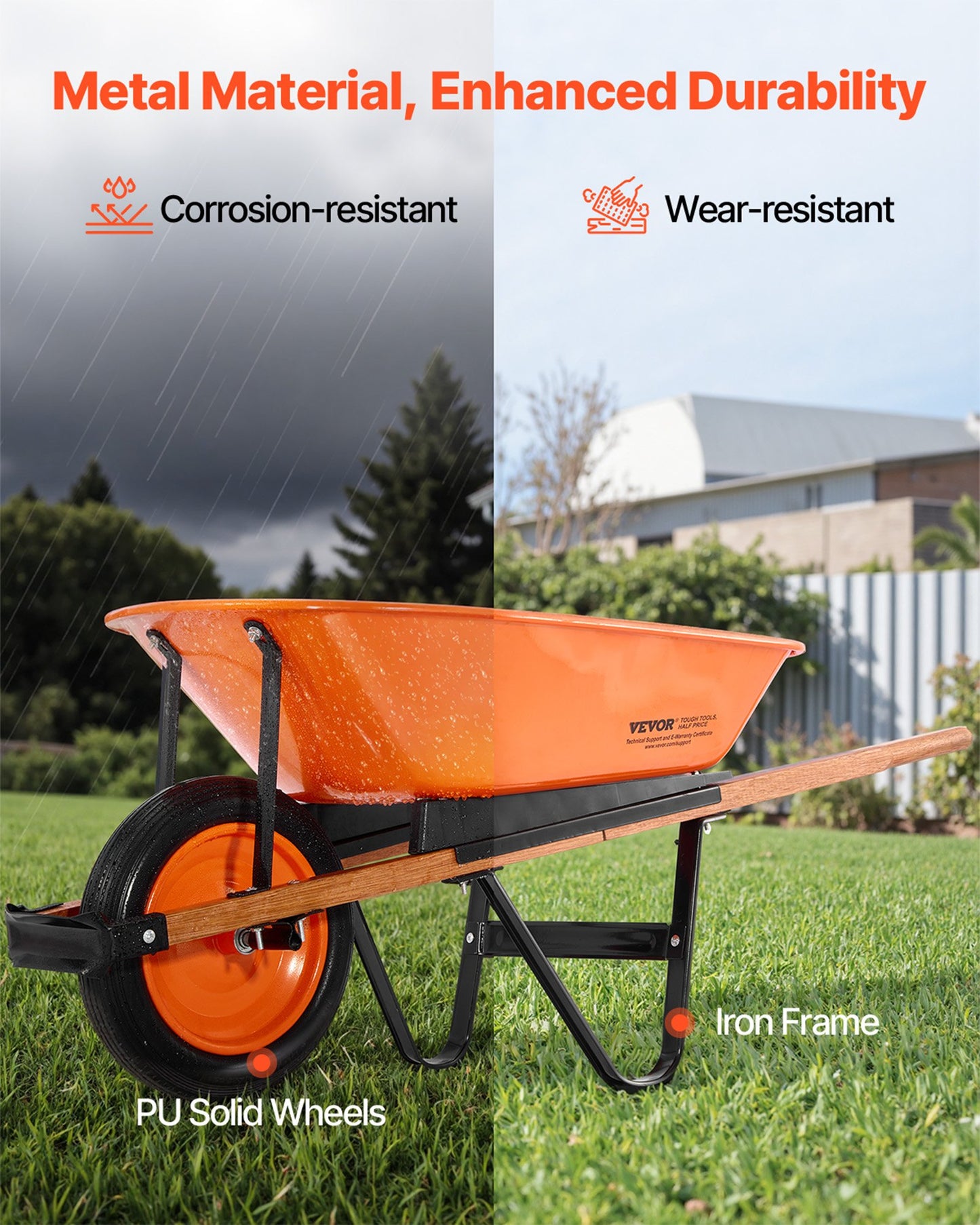 Skottkärra, 1,3 kubikfot last och 147 kg kapacitet, trädgårdsvagn med ett hjul, trädgårdsvagn med metallhandtag och 40 cm breda spårvidd, enkel lastning av gårdsvagnar och vagnar för gräsmatta